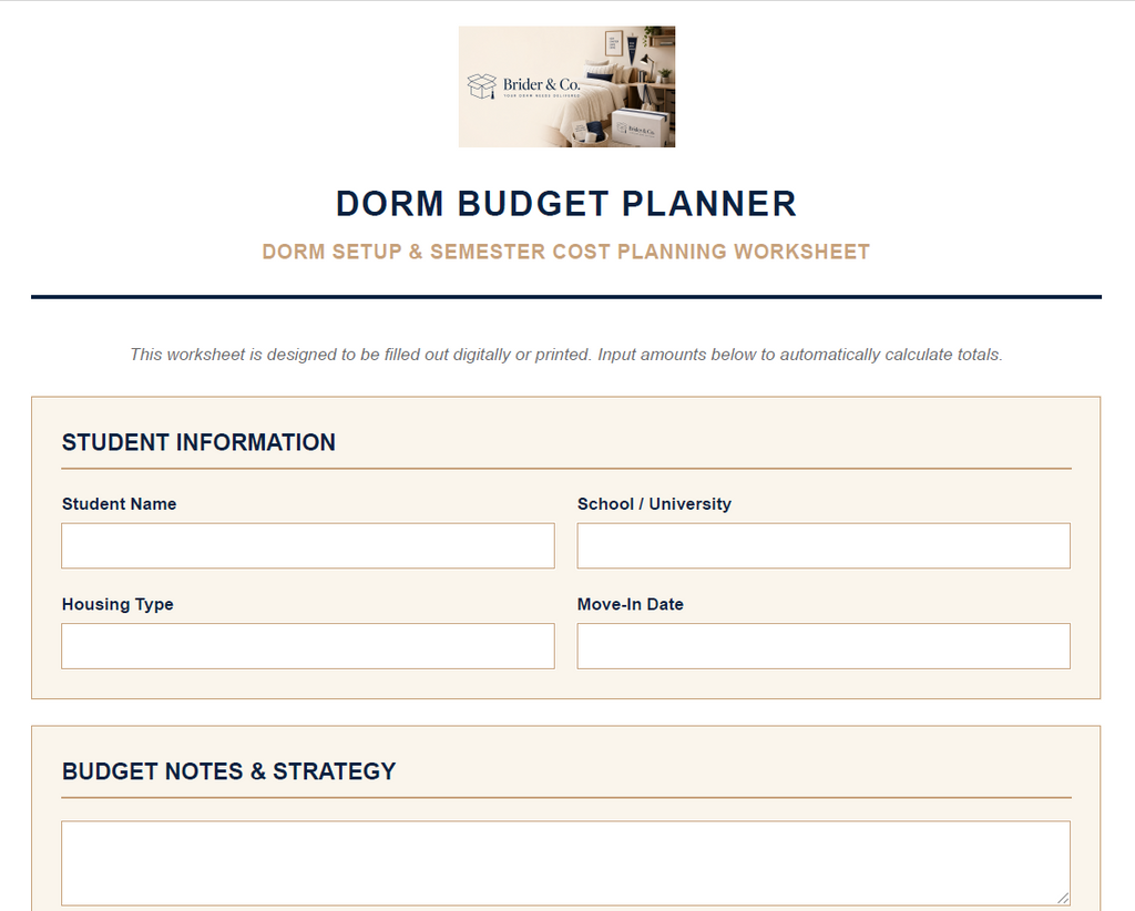 Brider&Co Dorm Budget Planner | College Student Budget Worksheet | Printable PDF Semester Cost Tracker