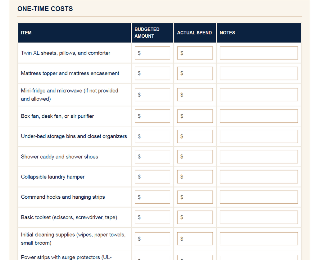 Brider&Co Dorm Budget Planner | College Student Budget Worksheet | Printable PDF Semester Cost Tracker